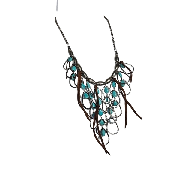 Statement Faux Turquoise, Mixed Metals, and Leather Necklace - Picture 4 of 6